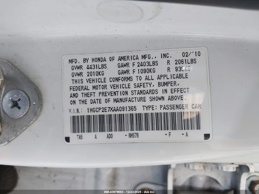 2010 Honda Accord 2.4 Ex VIN: 1HGCP2E7XAA091365 Lot: 43979003