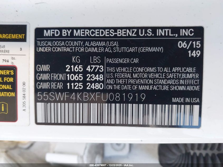 2015 Mercedes-Benz C 300 4Matic VIN: 55SWF4KBXFU081919 Lot: 43979007