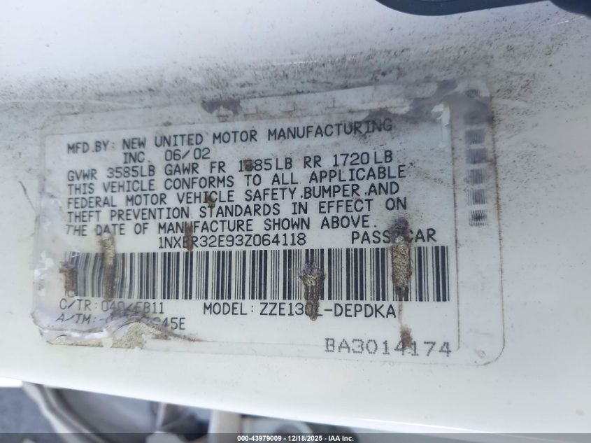 2003 Toyota Corolla Ce VIN: 1NXBR32E93Z064118 Lot: 43979009