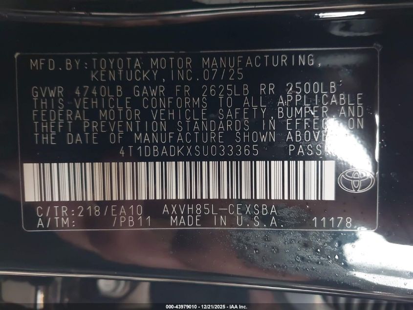 2025 Toyota Camry Se VIN: 4T1DBADKXSU033365 Lot: 43979010