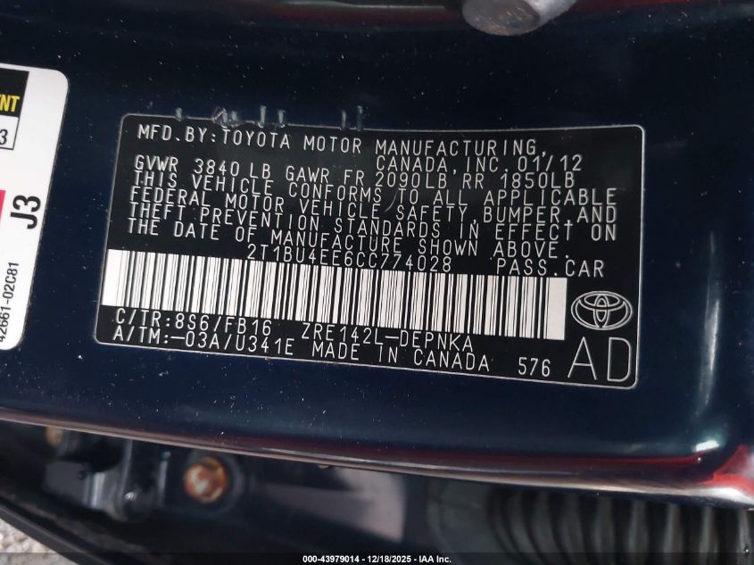 2012 Toyota Corolla Le VIN: 2T1BU4EE6CC774028 Lot: 43979014