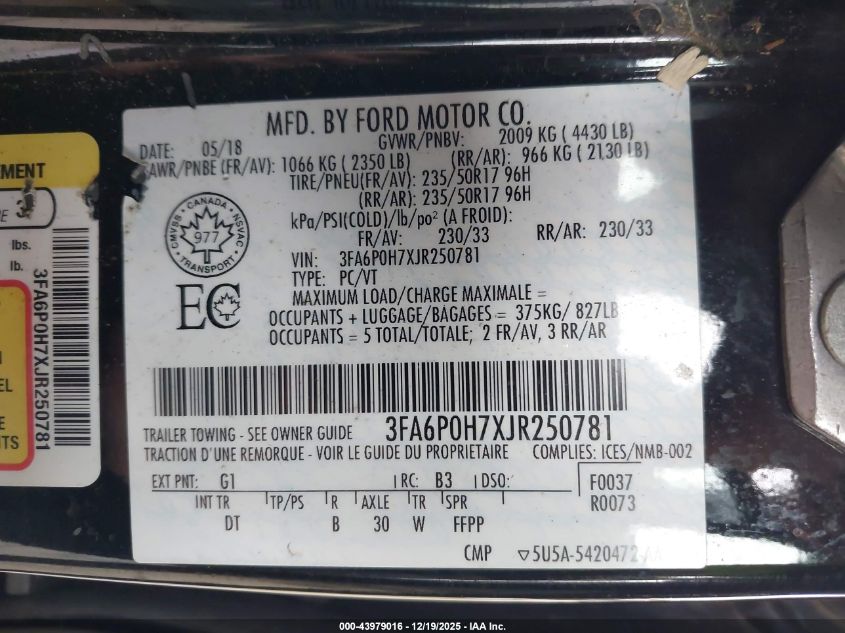 2018 Ford Fusion Se VIN: 3FA6P0H7XJR250781 Lot: 43979016