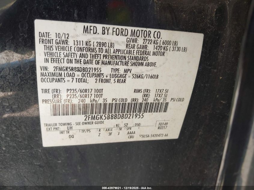 2013 Ford Flex Se VIN: 2FMGK5B88DBD21955 Lot: 43979021