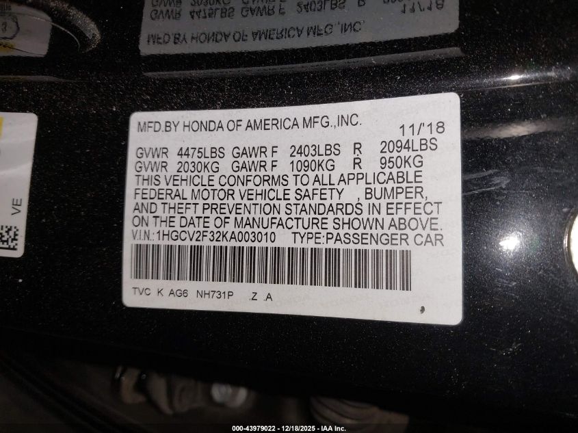 2019 Honda Accord Sport 2.0T VIN: 1HGCV2F32KA003010 Lot: 43979022