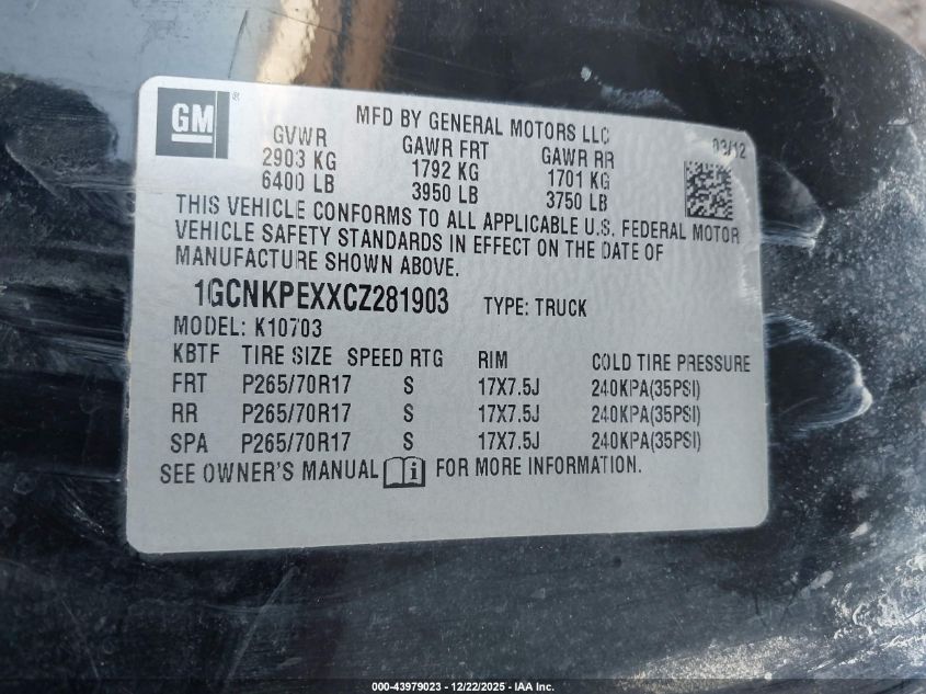 2012 Chevrolet Silverado 1500 Work Truck VIN: 1GCNKPEXXCZ281903 Lot: 43979023