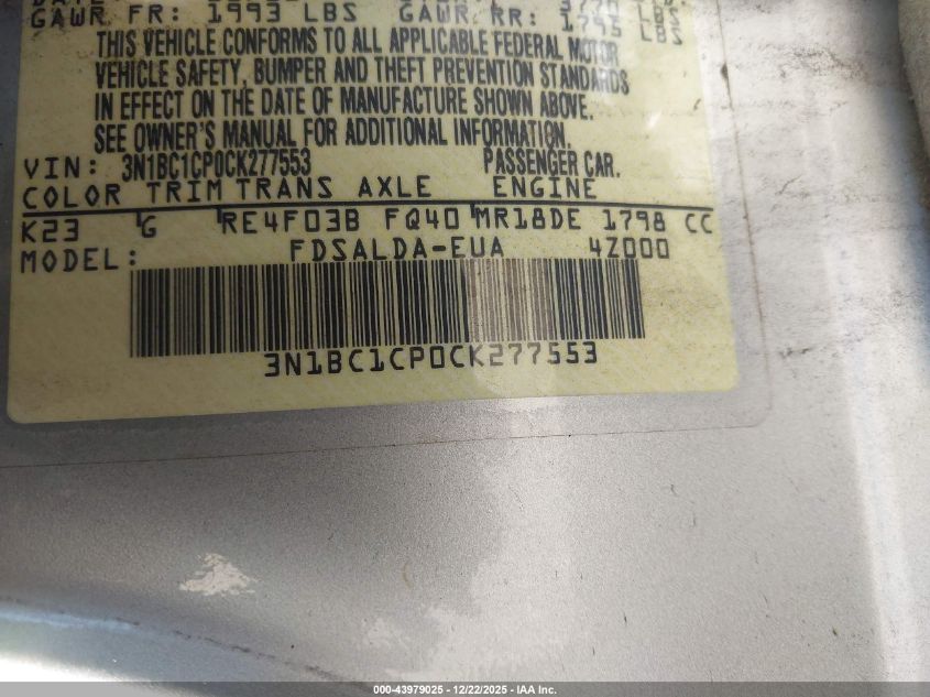 2012 Nissan Versa 1.8 S VIN: 3N1BC1CP0CK277553 Lot: 43979025