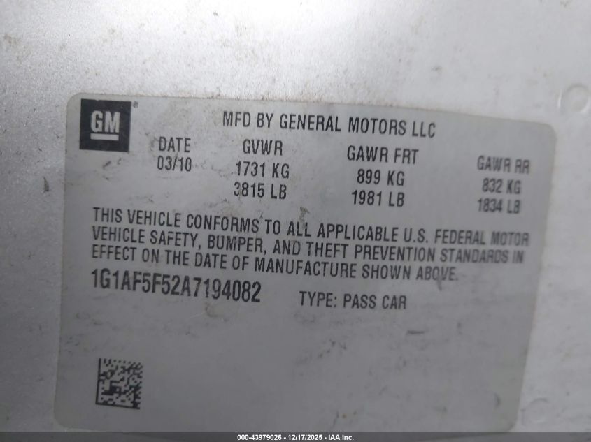 2010 Chevrolet Cobalt Lt VIN: 1G1AF5F52A7194082 Lot: 43979026