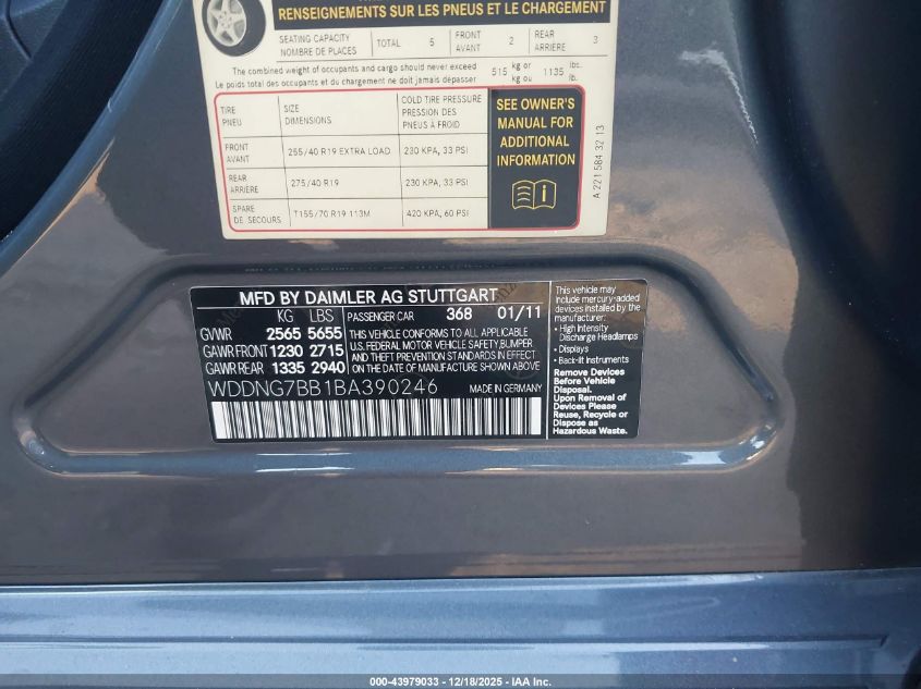 2011 Mercedes-Benz S 550 VIN: WDDNG7BB1BA390246 Lot: 43979033
