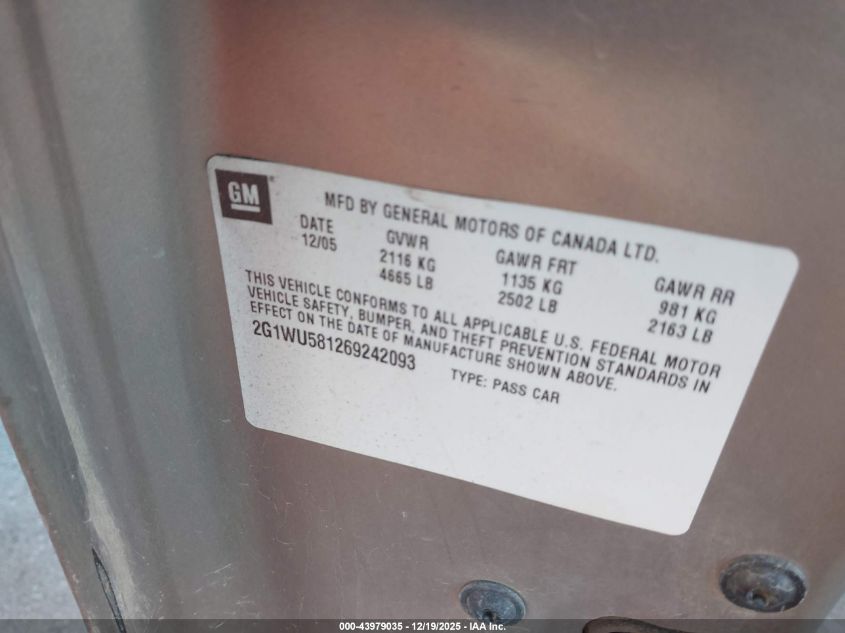 2006 Chevrolet Impala Ltz VIN: 2G1WU581269242093 Lot: 43979035