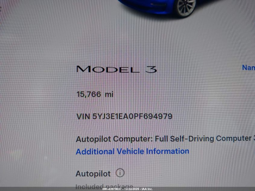 2023 Tesla Model 3 Rear-Wheel Drive VIN: 5YJ3E1EA0PF694979 Lot: 43979037
