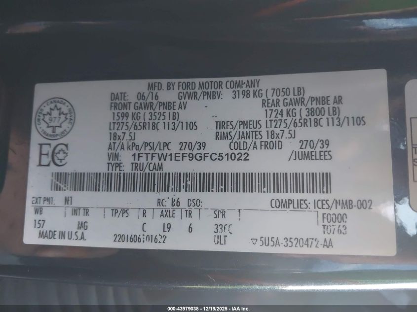 2016 Ford F-150 Xlt VIN: 1FTFW1EF9GFC51022 Lot: 43979038