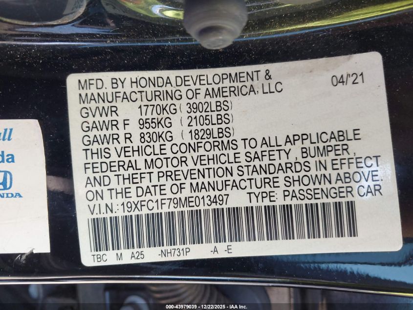 2021 Honda Civic Ex-L VIN: 19XFC1F79ME013497 Lot: 43979039