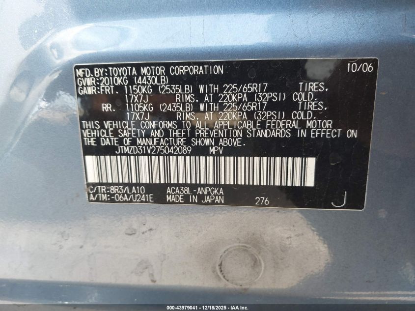 2007 Toyota Rav4 Limited VIN: JTMZD31V275042089 Lot: 43979041