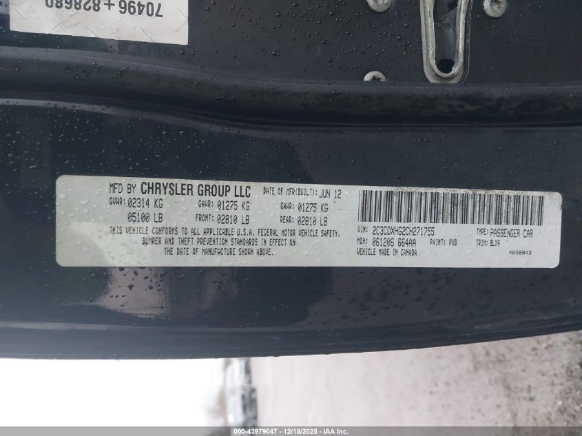 2012 Dodge Charger Sxt VIN: 2C3CDXHG2CH271755 Lot: 43979047