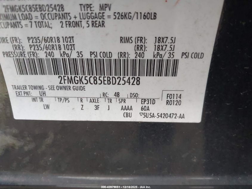 2014 Ford Flex Sel VIN: 2FMGK5C85EBD25428 Lot: 43979051