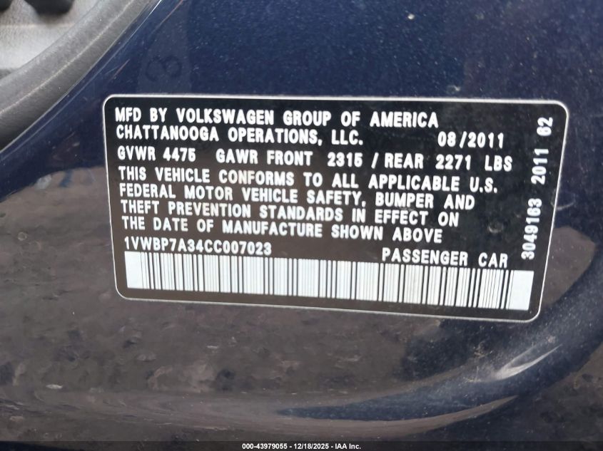 2012 Volkswagen Passat 2.5L Se VIN: 1VWBP7A34CC007023 Lot: 43979055