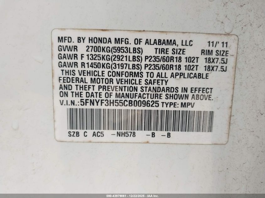 2012 Honda Pilot Ex-L VIN: 5FNYF3H55CB009625 Lot: 43979061