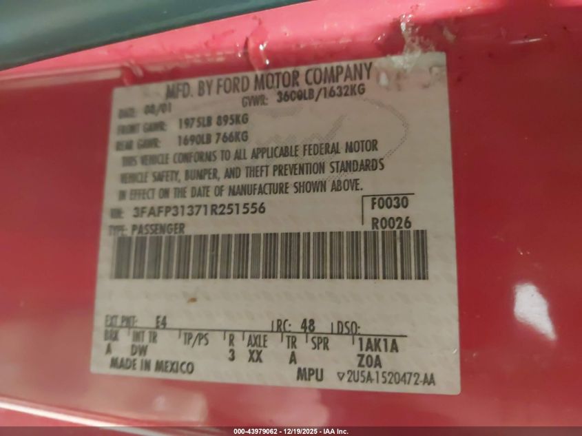 2001 Ford Focus Zx3 VIN: 3FAFP31371R251556 Lot: 43979062