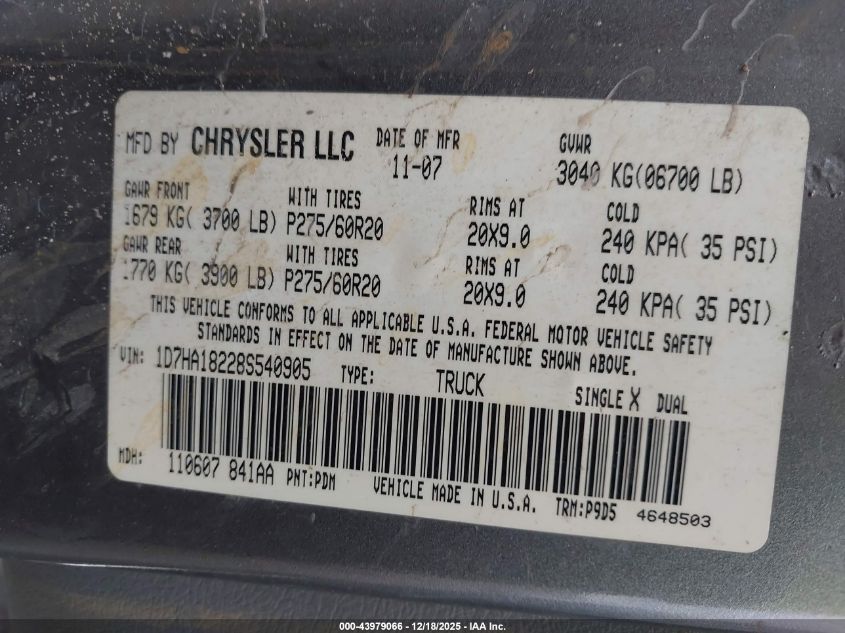 2008 Dodge Ram 1500 Slt VIN: 1D7HA18228S540905 Lot: 43979066