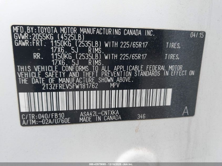 2015 Toyota Rav4 Le VIN: 2T3ZFREV5FW181762 Lot: 43979069