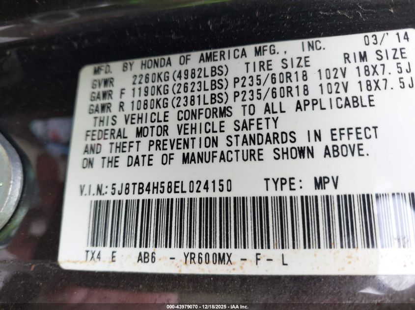 2014 Acura Rdx VIN: 5J8TB4H58EL024150 Lot: 43979070