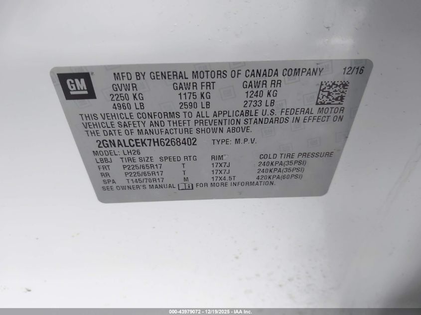 2017 Chevrolet Equinox Lt VIN: 2GNALCEK7H6268402 Lot: 43979072