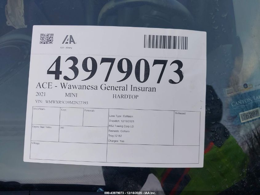 2021 Mini Hardtop Cooper S VIN: WMWXR5C09M2N27393 Lot: 43979073