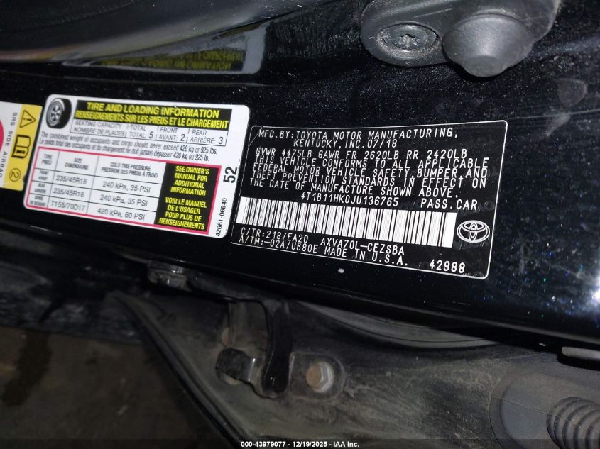 2018 Toyota Camry Se VIN: 4T1B11HK0JU136765 Lot: 43979077