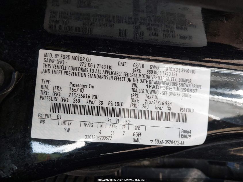 2018 Ford Focus Se VIN: 1FADP3FE1JL290837 Lot: 43979085