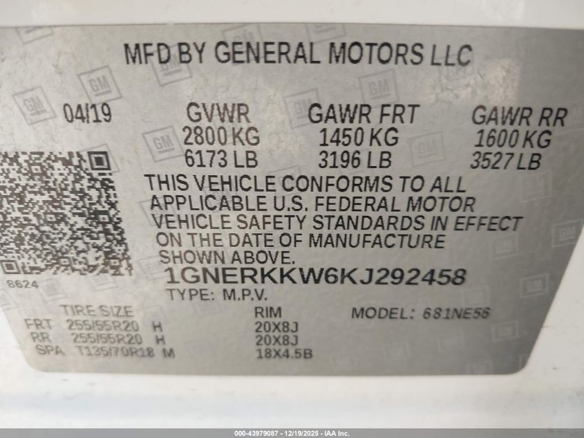 2019 Chevrolet Traverse Premier VIN: 1GNERKKW6KJ292458 Lot: 43979087