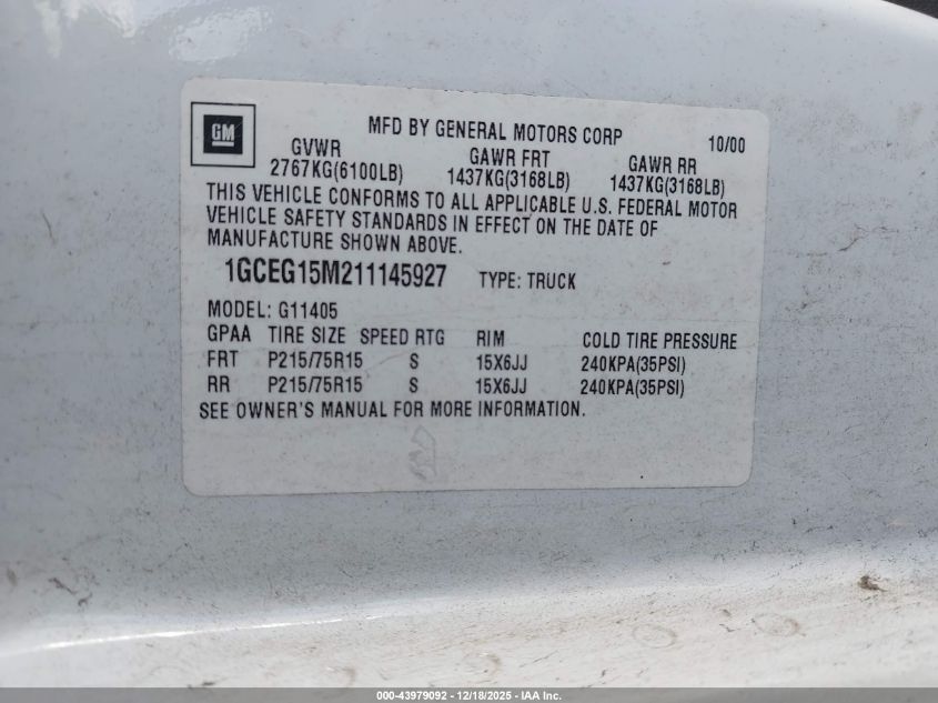 2001 Chevrolet Express VIN: 1GCEG15M211145927 Lot: 43979092