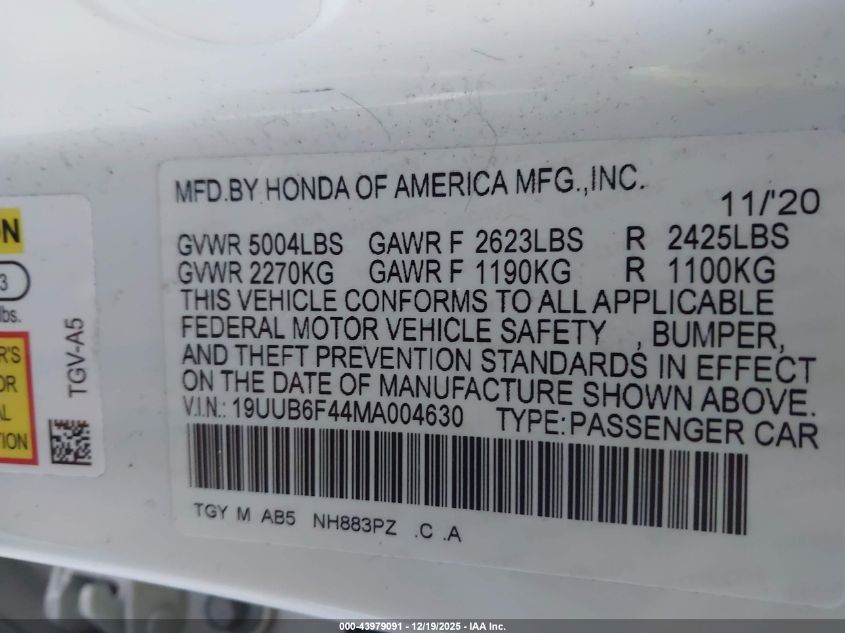 2021 Acura Tlx Technology Package VIN: 19UUB6F44MA004630 Lot: 43979091