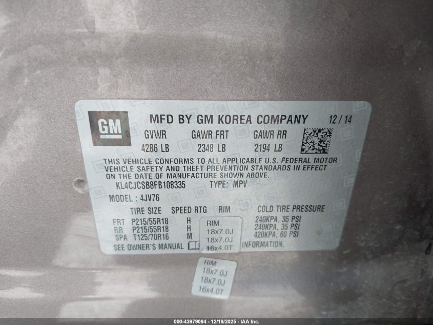 2015 Buick Encore Leather VIN: KL4CJCSB8FB108335 Lot: 43979094