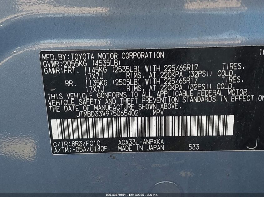 2007 Toyota Rav4 VIN: JTMBD33V975065402 Lot: 43979101