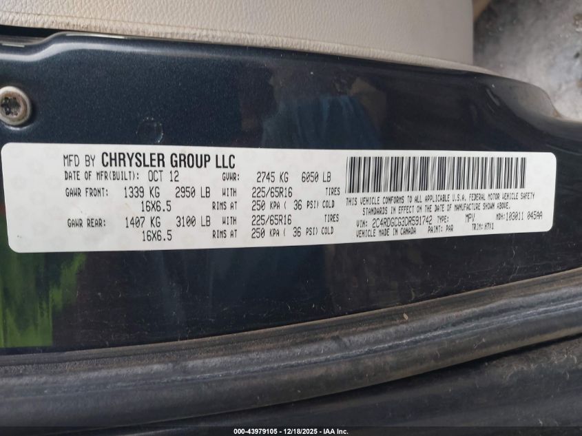 2013 Dodge Grand Caravan Sxt VIN: 2C4RDGCG3DR591742 Lot: 43979105