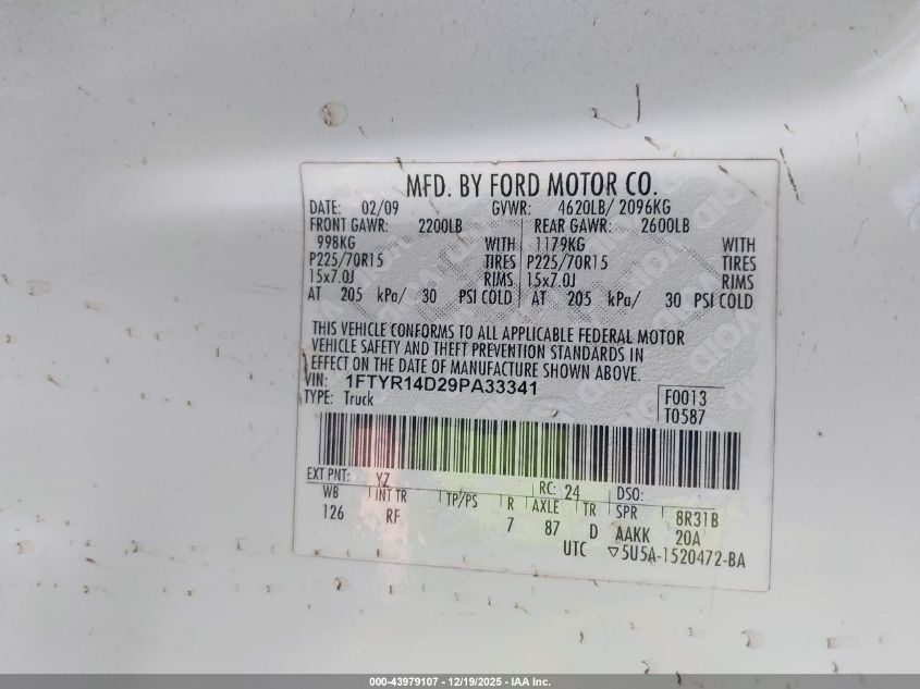 2009 Ford Ranger Xl/Xlt VIN: 1FTYR14D29PA33341 Lot: 43979107