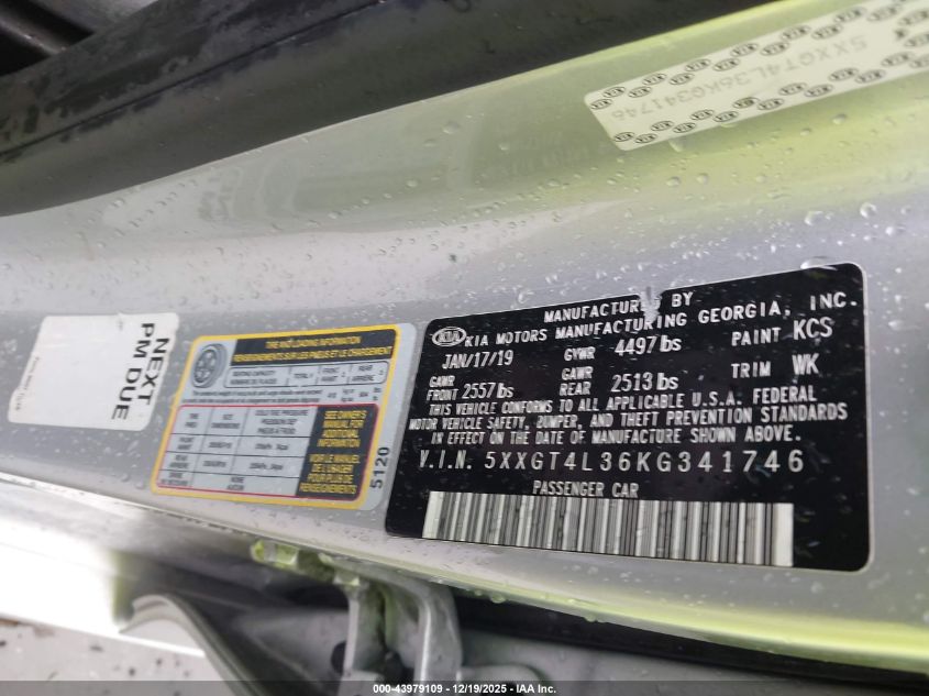 2019 Kia Optima Lx VIN: 5XXGT4L36KG341746 Lot: 43979109