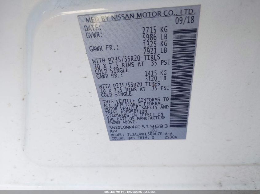 2019 Infiniti Qx60 Luxe VIN: 5N1DL0MN4KC519693 Lot: 43979111