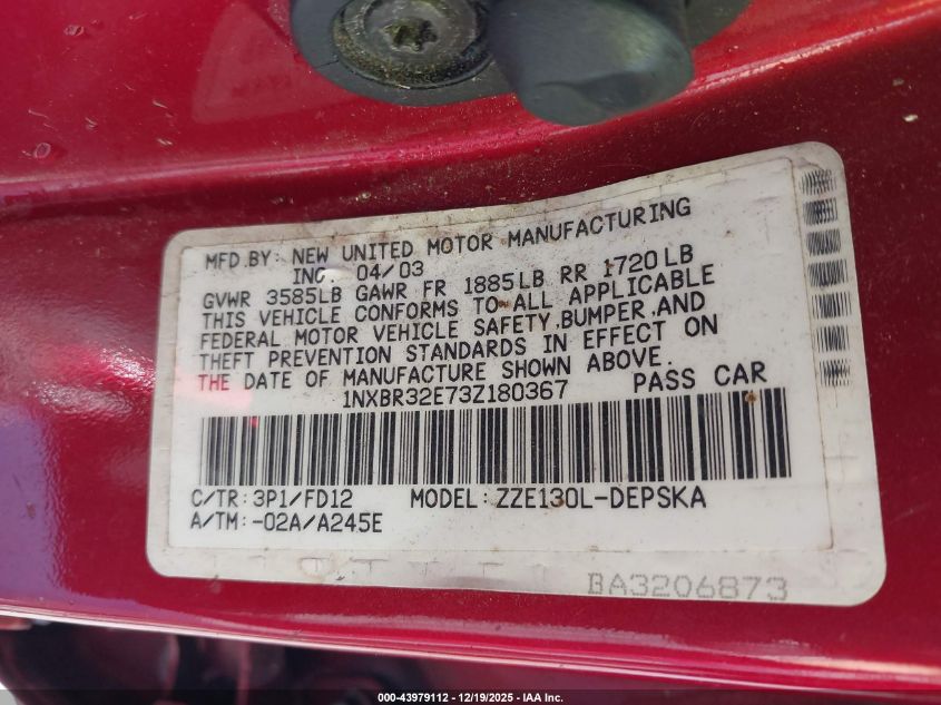 2003 Toyota Corolla S VIN: 1NXBR32E73Z180367 Lot: 43979112