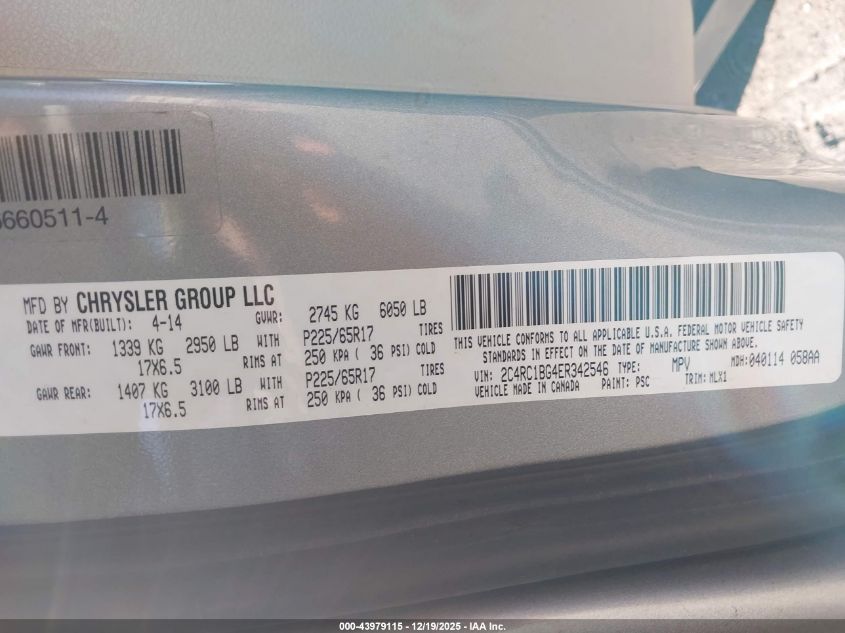 2014 Chrysler Town & Country Touring VIN: 2C4RC1BG4ER342546 Lot: 43979115