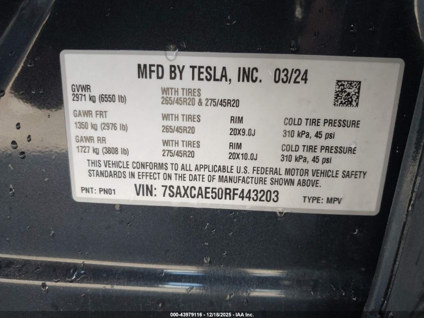 2024 Tesla Model X Long Range VIN: 7SAXCAE50RF443203 Lot: 43979116