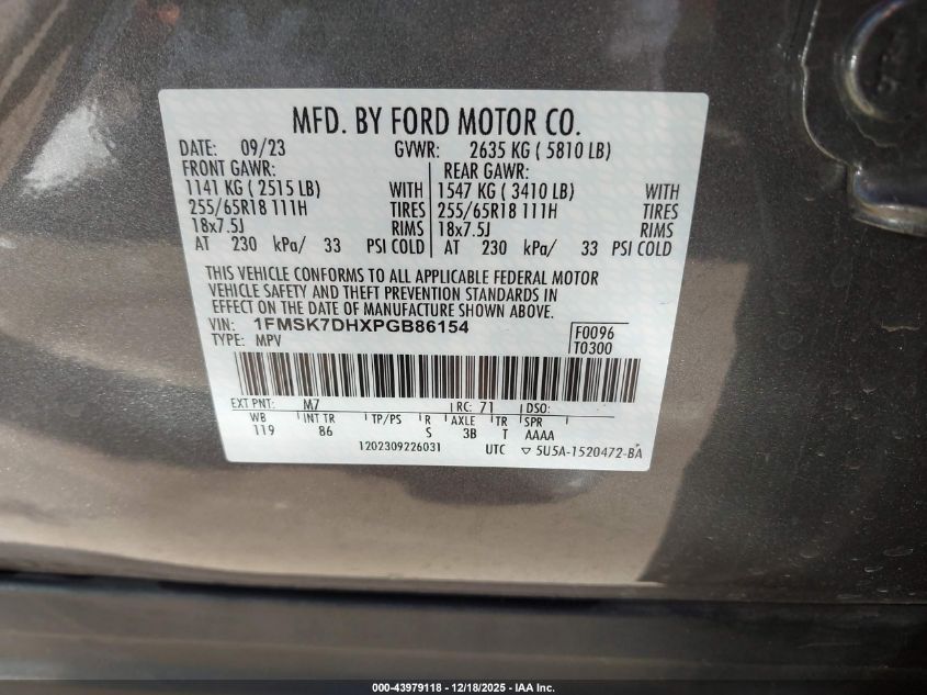 2023 Ford Explorer Xlt VIN: 1FMSK7DHXPGB86154 Lot: 43979118