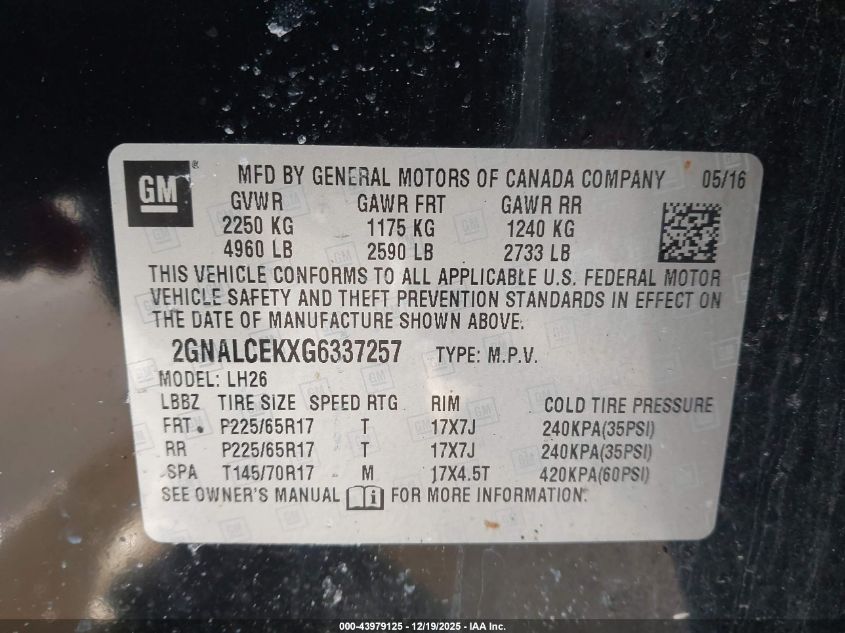 2016 Chevrolet Equinox Lt VIN: 2GNALCEKXG6337257 Lot: 43979125