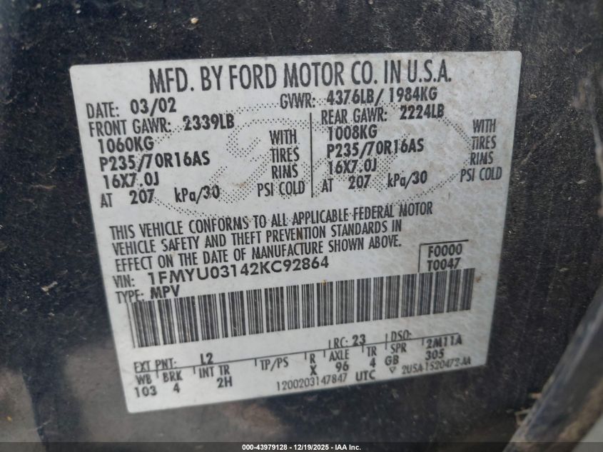 2002 Ford Escape Xlt/Xlt Choice 2 VIN: 1FMYU03142KC92864 Lot: 43979128