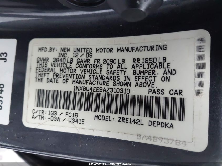 2010 Toyota Corolla Le VIN: 1NXBU4EE9AZ310310 Lot: 43979129