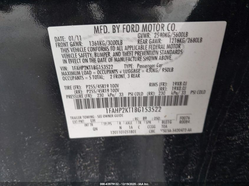 2011 Ford Taurus Sho VIN: 1FAHP2KT1BG153522 Lot: 43979132