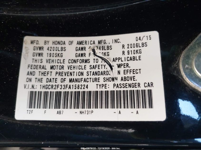 2015 Honda Accord Lx VIN: 1HGCR2F33FA158224 Lot: 43979133