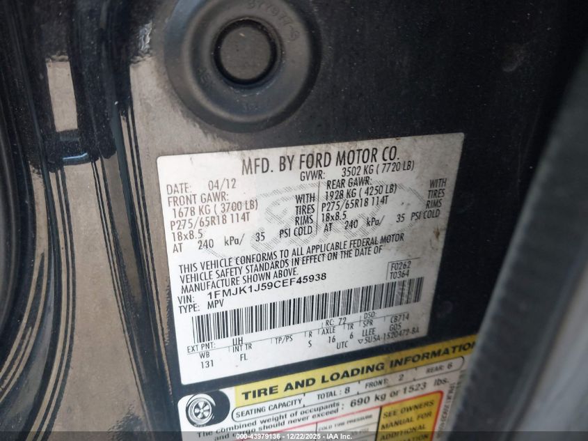 2012 Ford Expedition El Xlt VIN: 1FMJK1J59CEF45938 Lot: 43979136