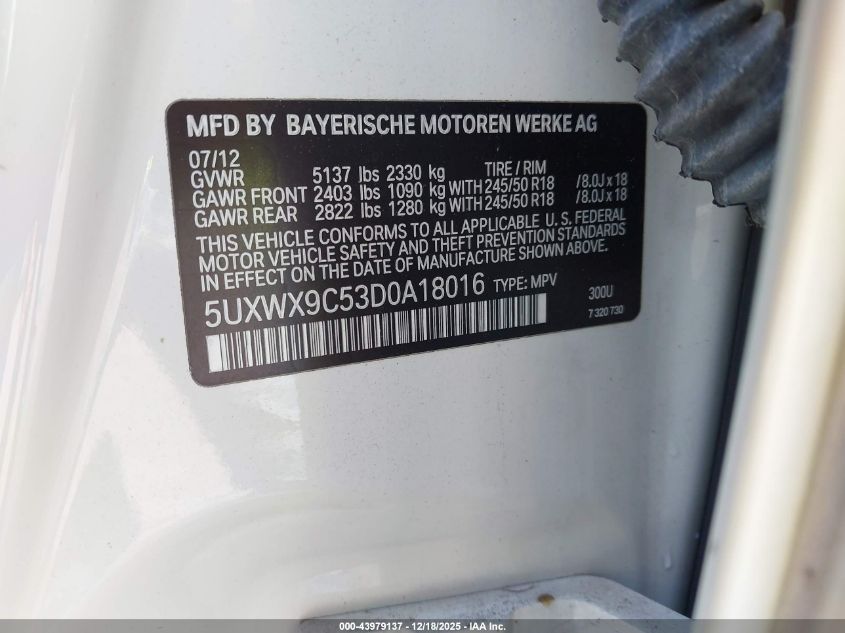 2013 BMW X3 xDrive28I VIN: 5UXWX9C53D0A18016 Lot: 43979137