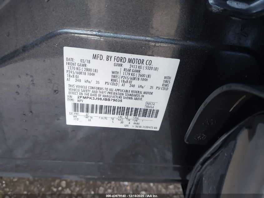 2018 Ford Edge Sel VIN: 2FMPK3J98JBB79035 Lot: 43979140